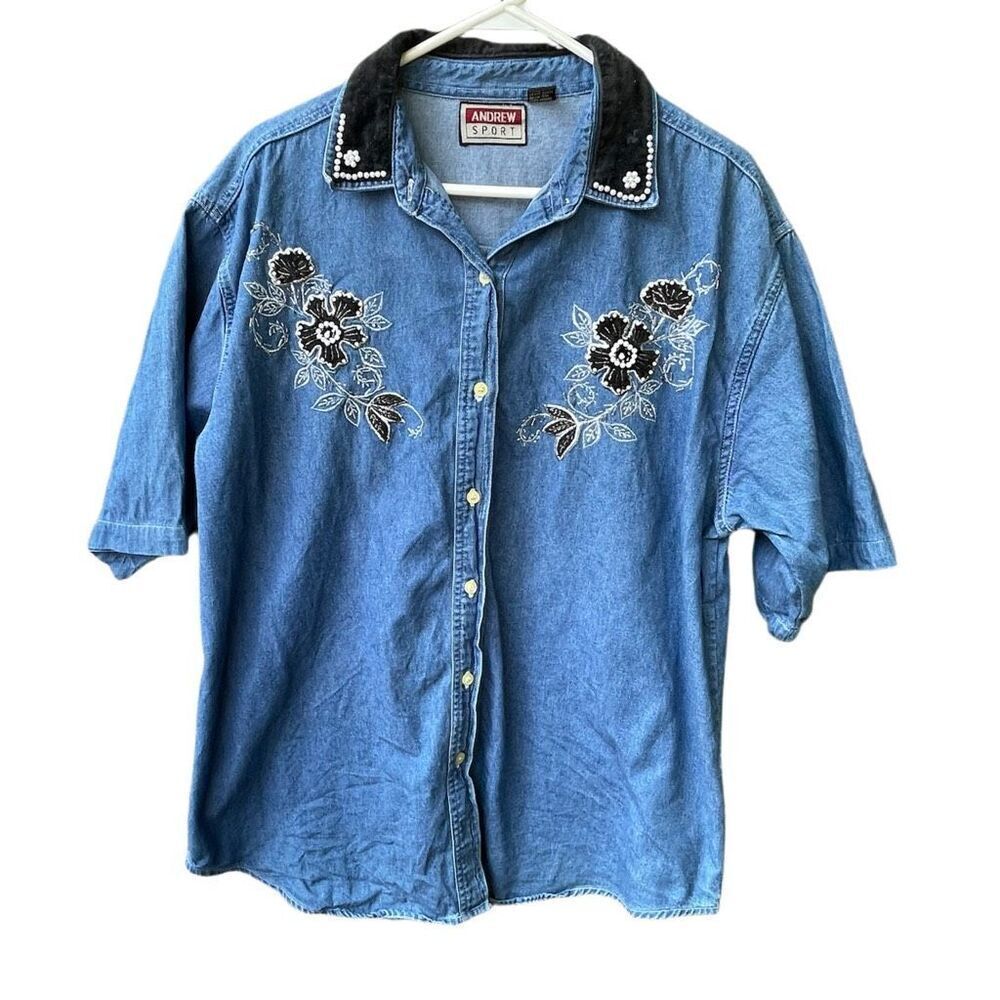 Andrew Sport size 1X boxy embroidered beaded velvet trim button down top.